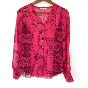 CAbi fitted button down shirt with v-neckline & long sleeves,  sheer